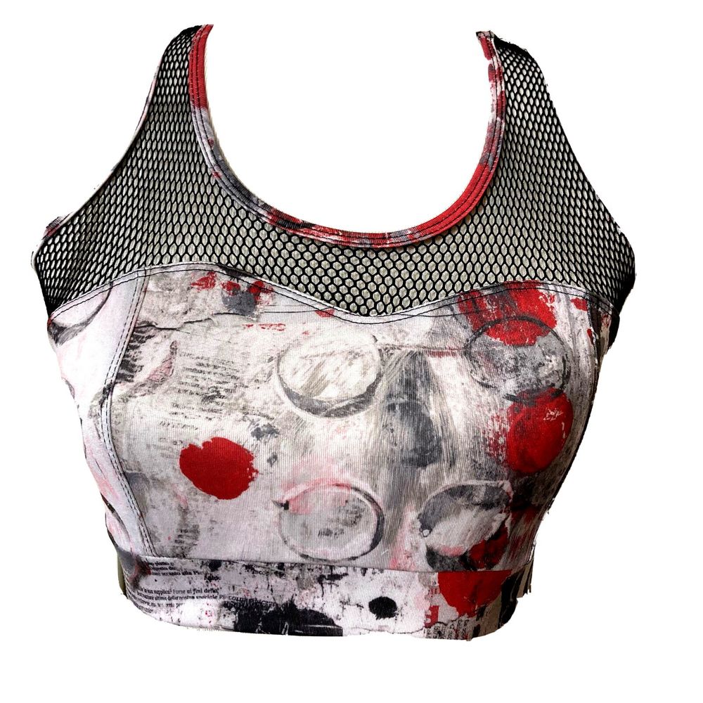 Funky Diva Sports Bra Sz M Artsy Print Y2K Racerback Partial Netting Colorful